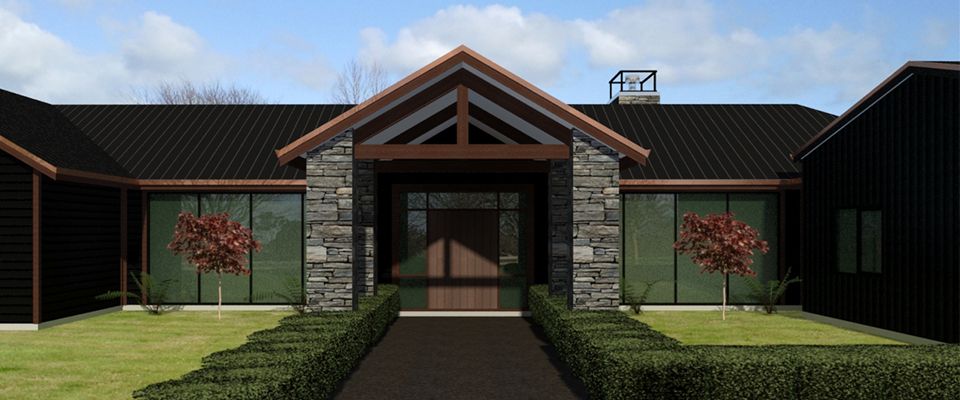 Black country home with schist and cedar entry portico on a formal hedged approach