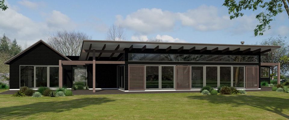 Dark weatherboard single level home with a timber pergola and full height glazing to a lawn