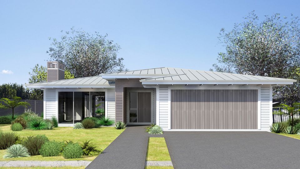 Single level white weatherboard house with metal roof, double garage and native planting