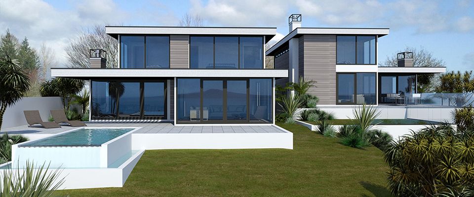 Stepped coastal home with a cantilevered upper floor and lap pool looking out to Rangitoto
