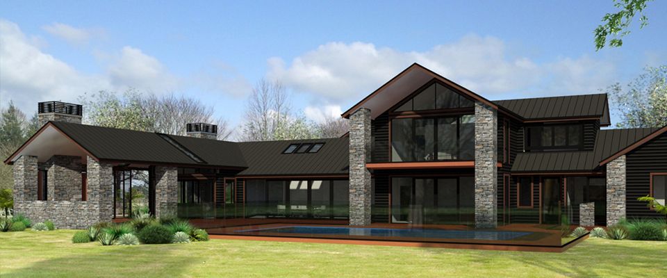 Large stone and cedar home of linked gable forms around a pool terrace
