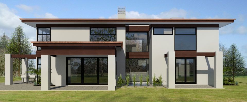 Three dimensional render of a two storey plastered home with deep timber eaves