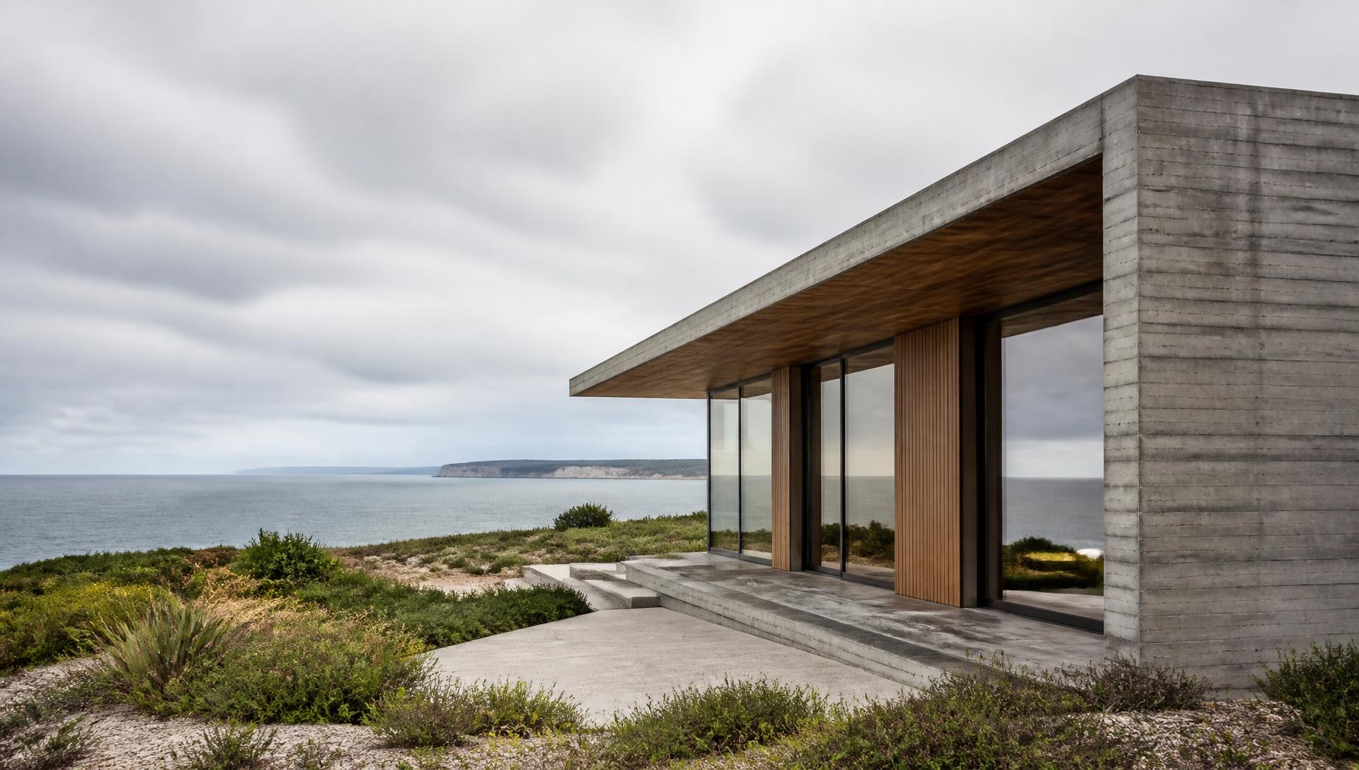 Board-formed concrete and timber coastal house with wide eaves facing the sea