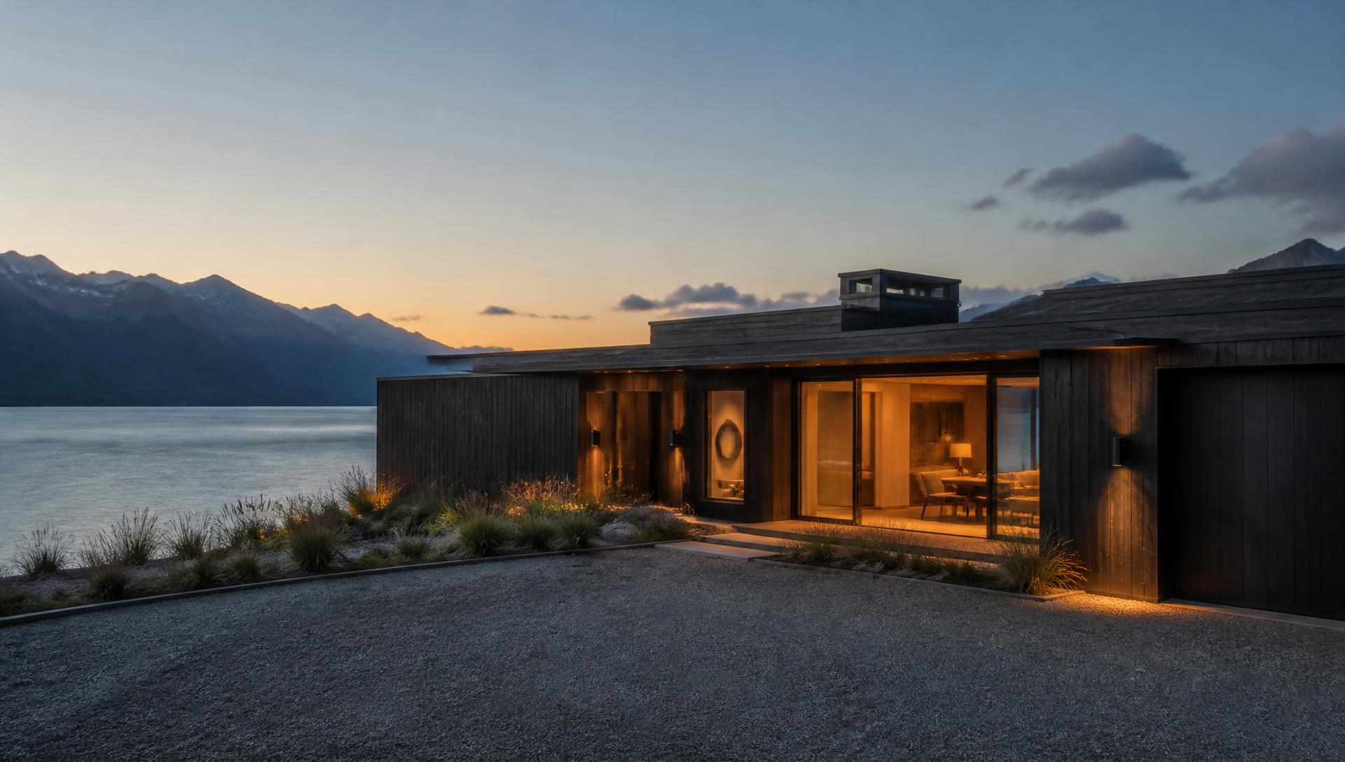 Dark stained cedar lakefront home at dusk with warm interior light, lake and mountains behind