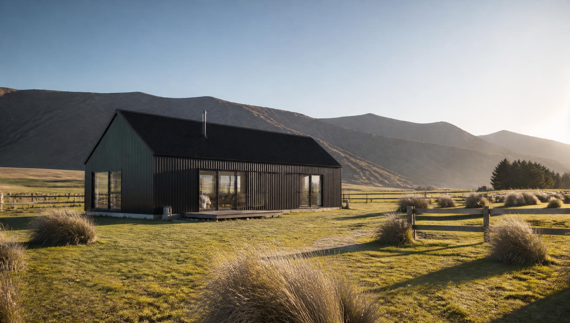 Black steel gabled rural home set in open paddocks with hills behind