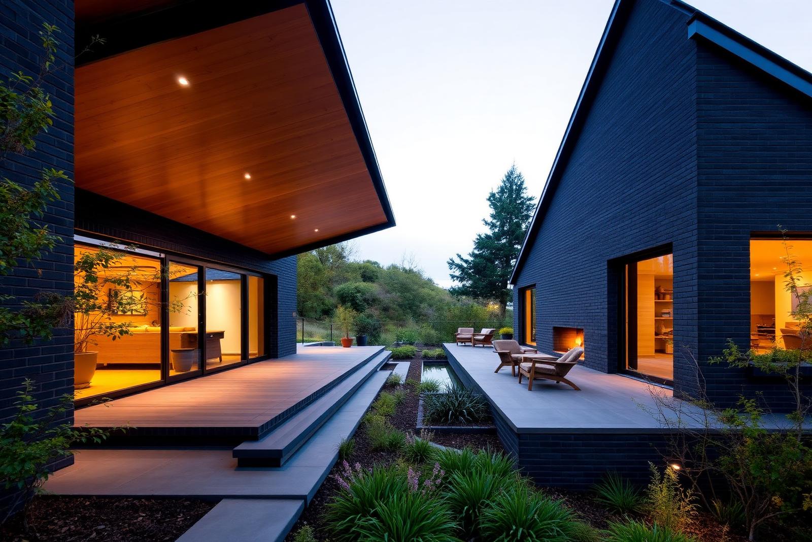 Dark brick house of two pavilions with oak soffits and a sheltered courtyard at dusk