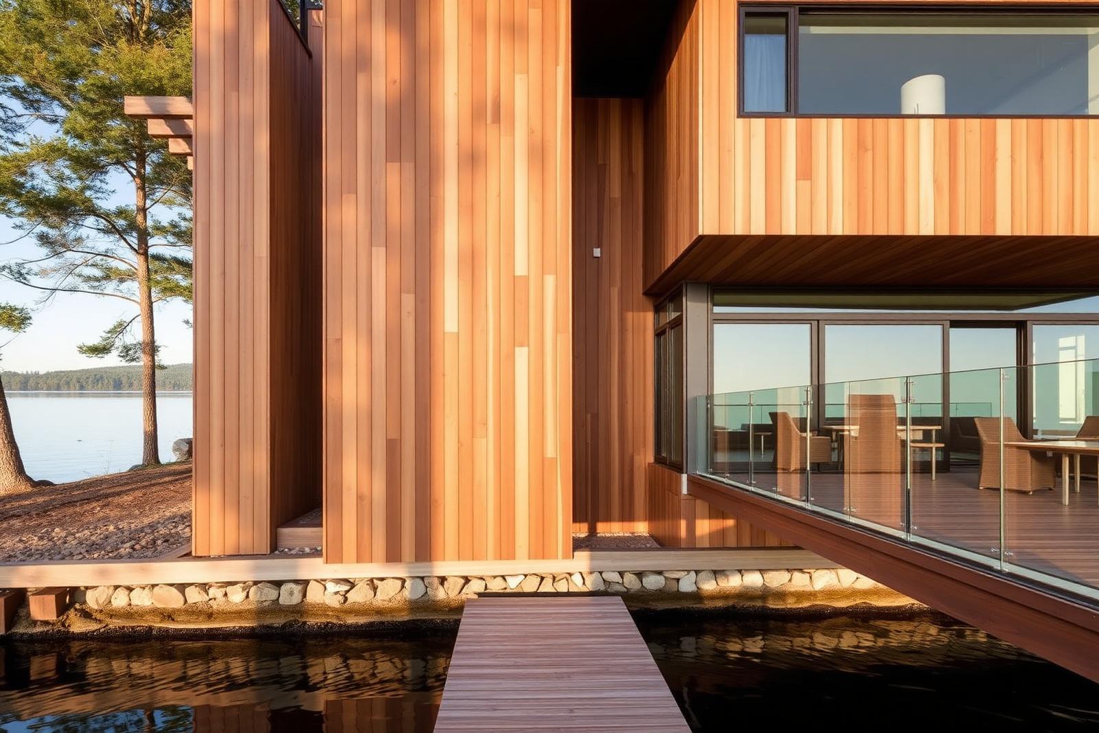Cedar-clad lakefront house with a cantilevered upper floor and glass balustrade deck above the water