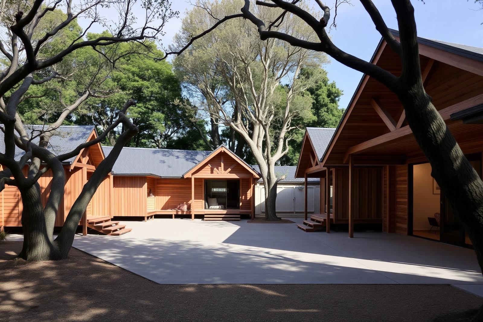 Boutique accommodation of repeating timber pavilions set around a concrete courtyard beneath mature trees