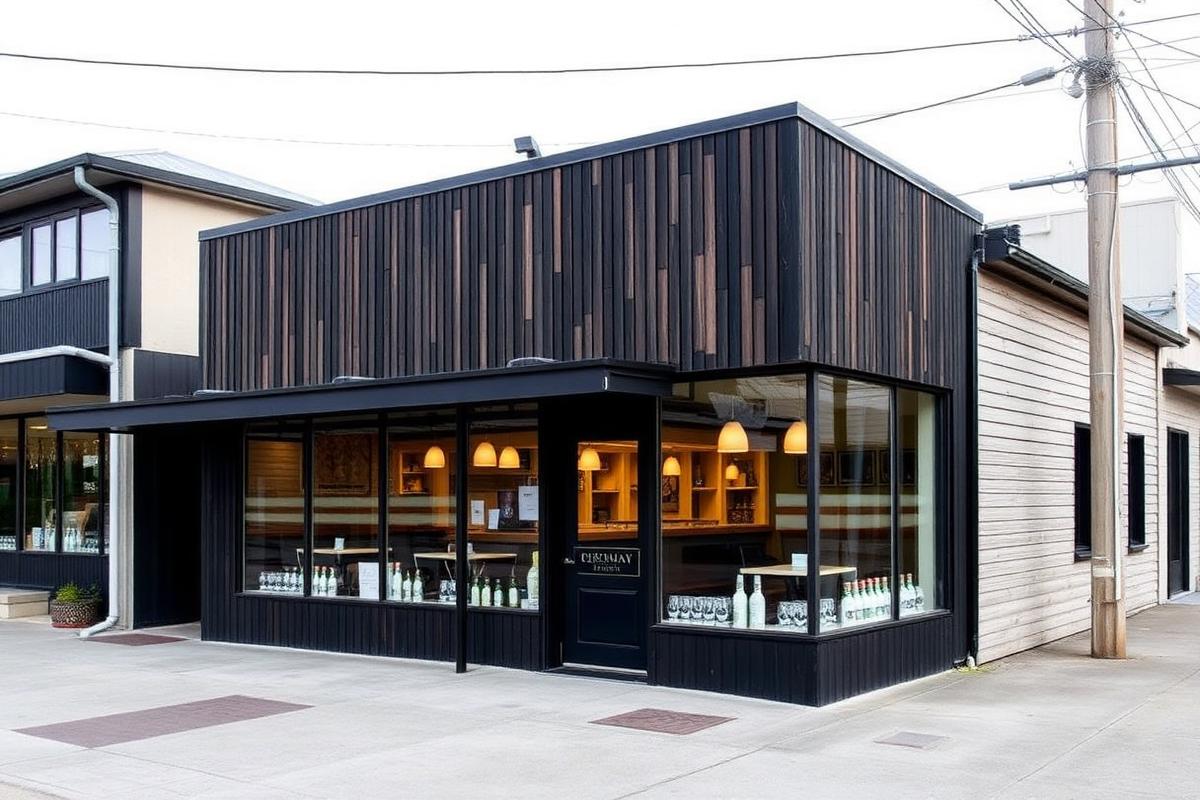 Dark timber clad commercial building with a glazed corner shopfront on a Taupō street