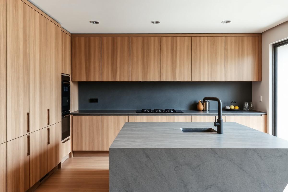 Contemporary kitchen with oak cabinetry and a stone island bench