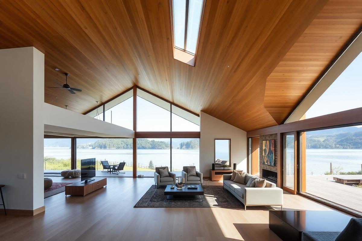 Open plan living space with timber-lined ceiling looking out to a New Zealand lake