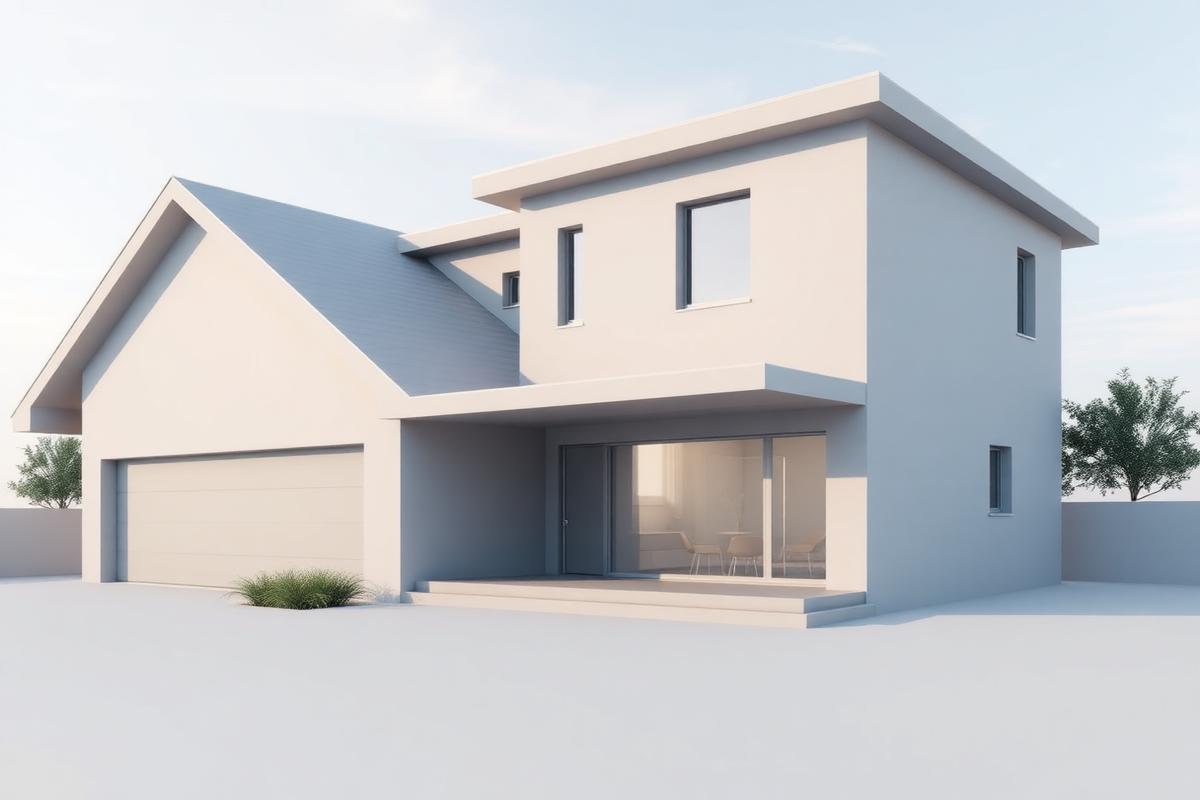 Grey three dimensional architectural render of a modern two storey house