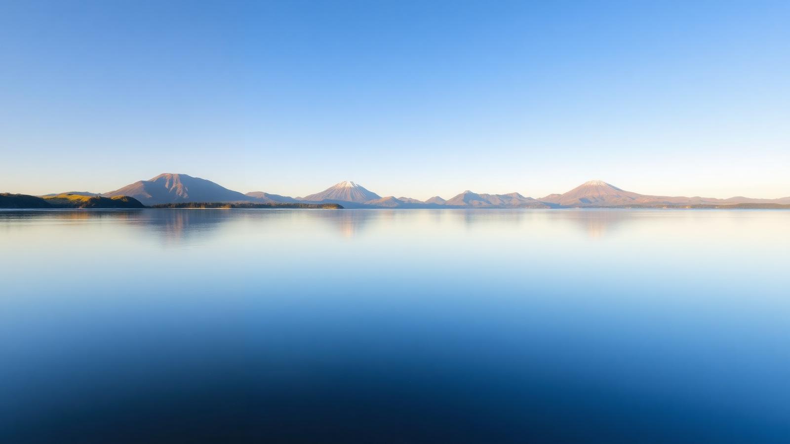 Lake Taupō at first light with the volcanic peaks of the central plateau beyond