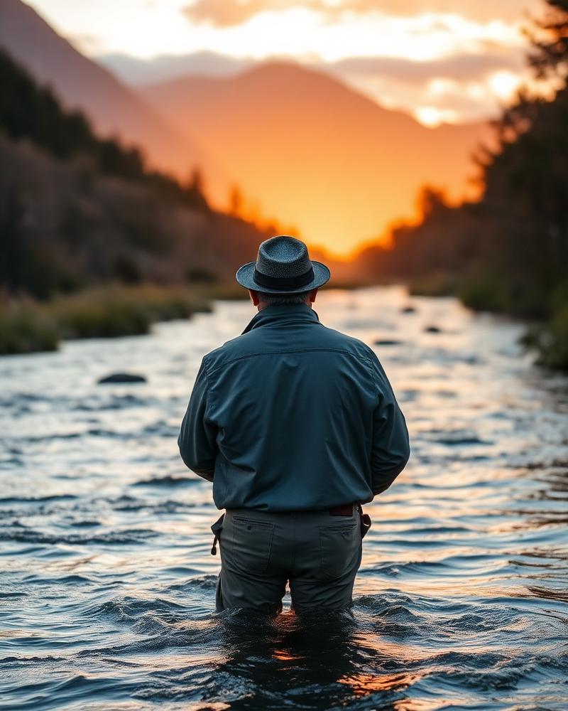 James Thomson fly fishing in a river at sunset