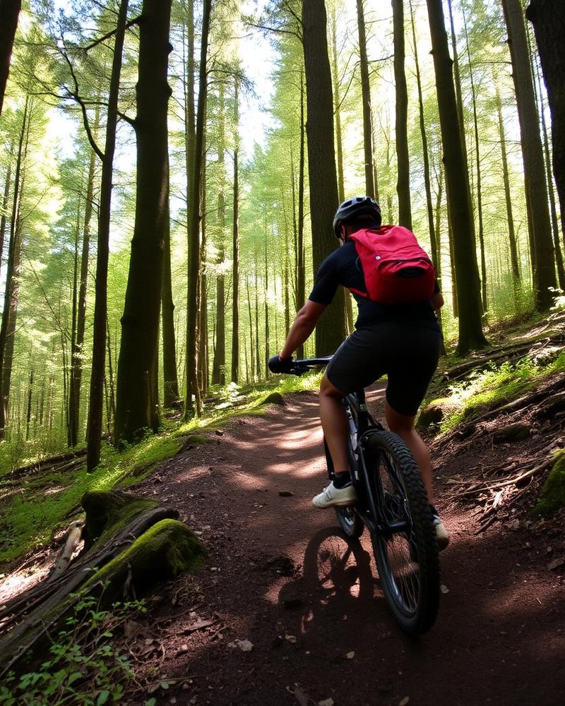 Sam Stratford riding a mountain bike on a forest trail