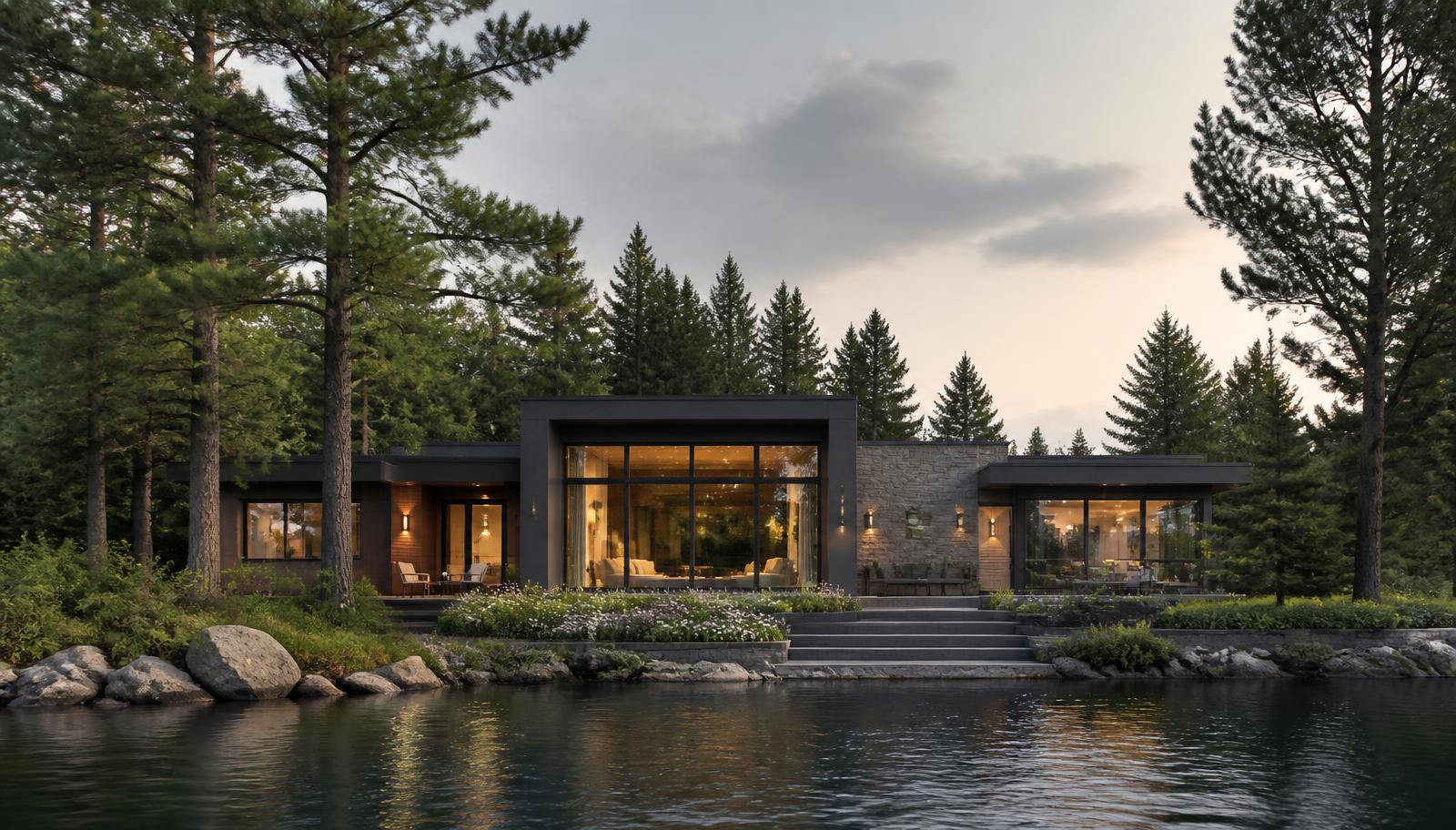 Completed lakeside house photographed at dusk with warm interior light