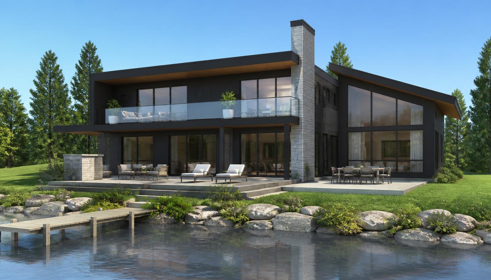 Three dimensional concept render of the same lakeside house before construction